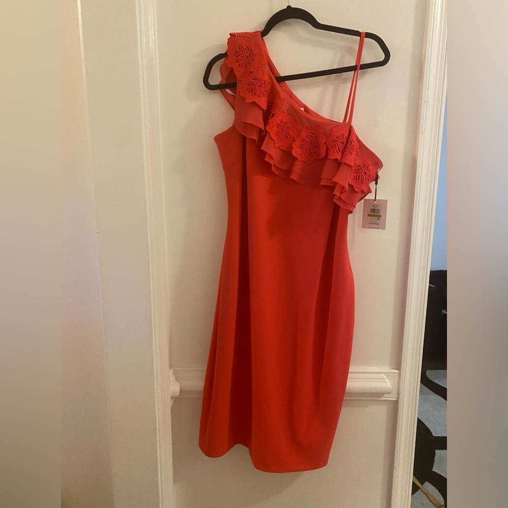Calvin Klein Coral Red One-Shoulder Ruffle Dress